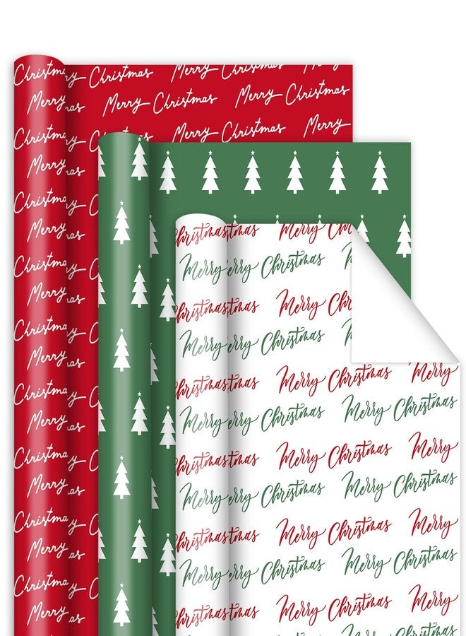 Whaline 3 Rolls Christmas Wrapping Paper -Mini Roll- 17 In x 32.8 Ft Red Green White Merry Christmas Tree Gift Wrap Paper for Xmas Winter Wrapping Supplies - Image 1